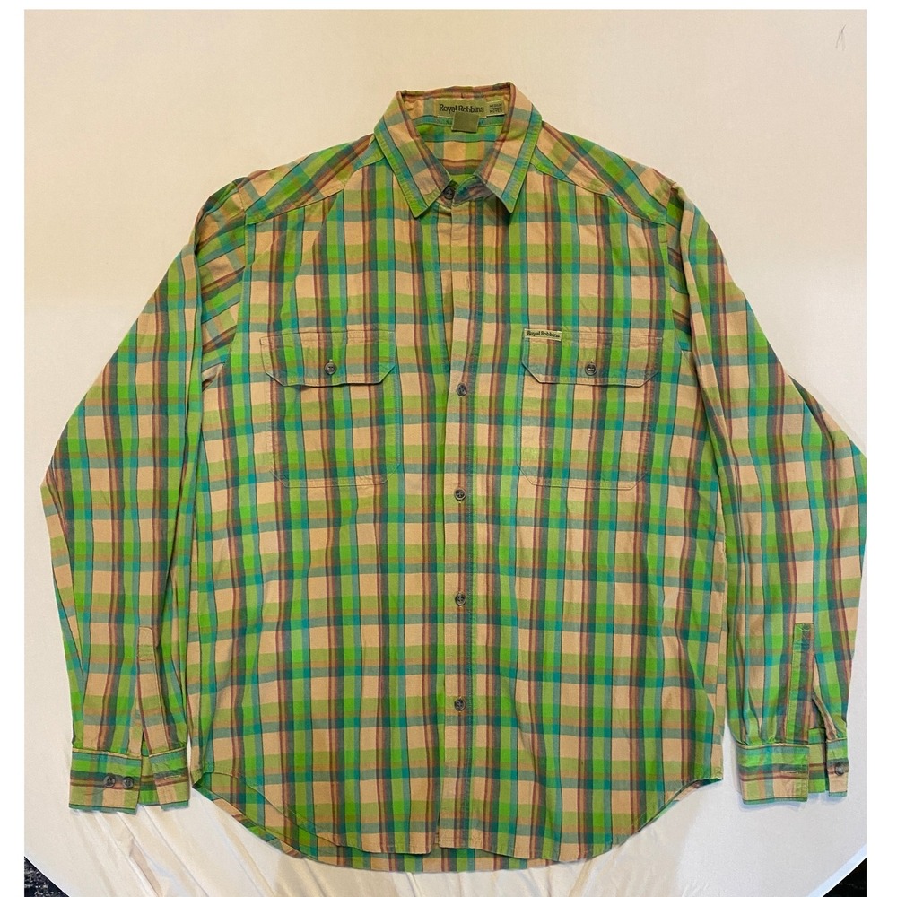 Royal Robbins Plaid Button Down Shirt Outdoor Casual Green Tan Medium‎ |G1